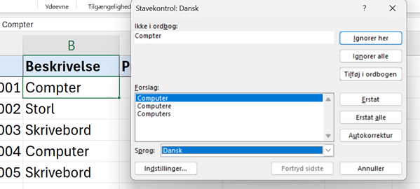 stavekontrol dialogboks