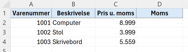 Datasæt med salg uden moms