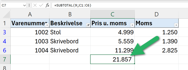 SUBTOTAL funktionen