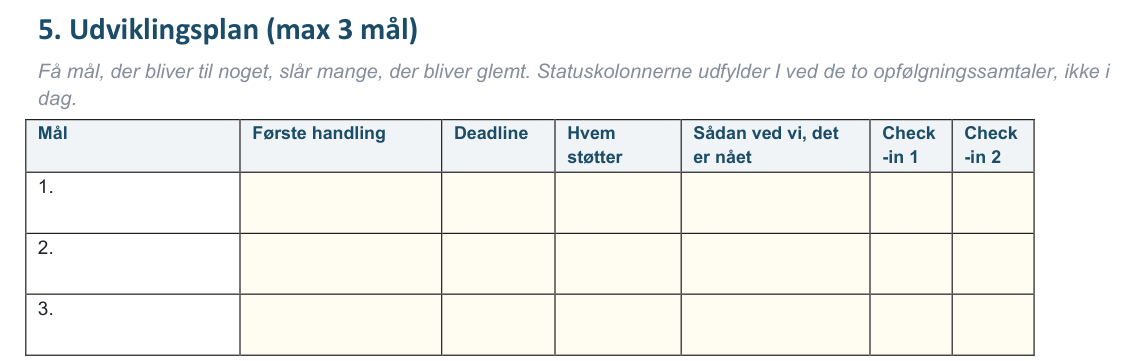 Udviklingsplan i MUS-skemaet med kolonner til check-in 1 og check-in 2